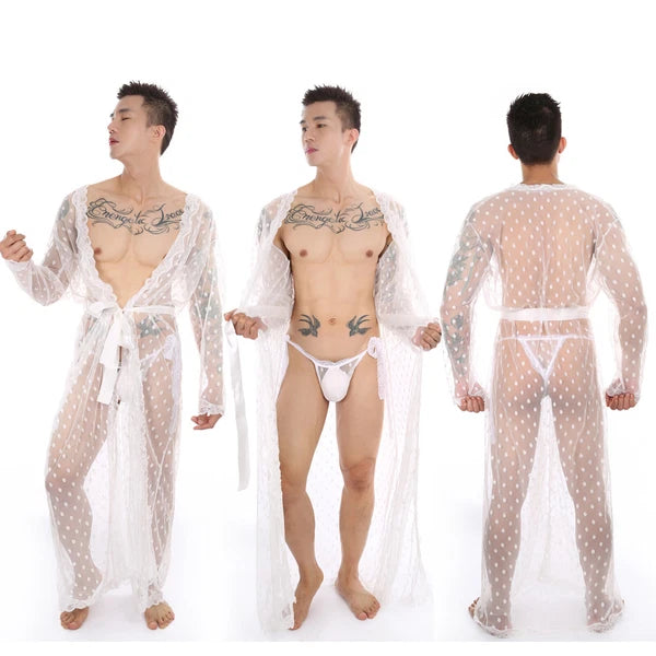 Mens See Through Lace Robe Bathrobe Nightwear Underwear Gown Pajamas Lingerie