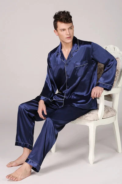 Men's Silk Satin Pajamas Pyjamas Set Long Sleeve Sleepwear Pijama Nightwear