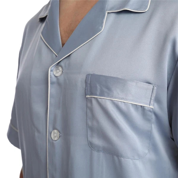 Men Satin Pajamas Set Shorts + Shirt Sleepwear Lounge Nightwear Buttons Outfit