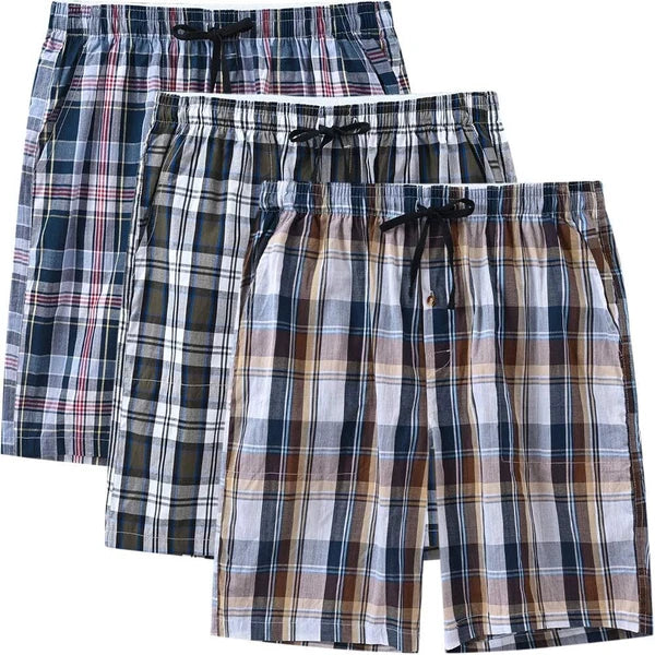 Men's Sleepwear Lounge Shorts 100% Cotton Plaid Pajama Bottoms Button Fly 3 Pack