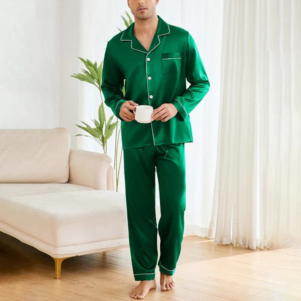 Mens Silk Satin Pyjamas Set Nightwear Pyjama Top & Bottoms Loungewear Sleepwear