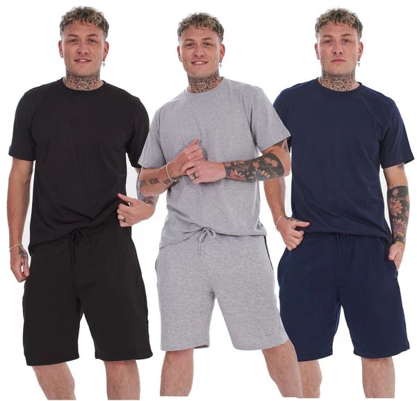 Mens Cotton Pyjama Short Set Jersey Round Neck Top Fleece Zipped Pockets Short
