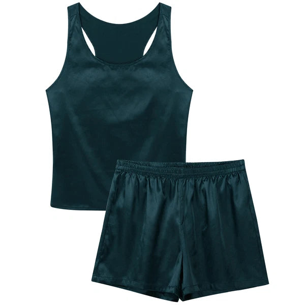 Men's Silk Satin Pajamas Set Vest Top and Boxer Shorts Sleepwear Home Loungewear