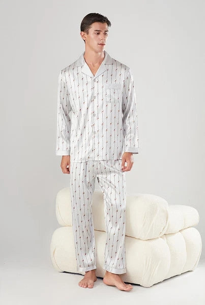 Men's 19MM 100% Pure Mulberry Silk Pajamas Set Long Sleeves Silk Sleepwear S~3XL