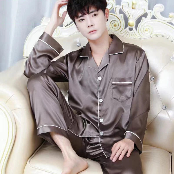 Mens Silk Satin Pajamas Set Top and Bottom Burgundy White sleepwear robes