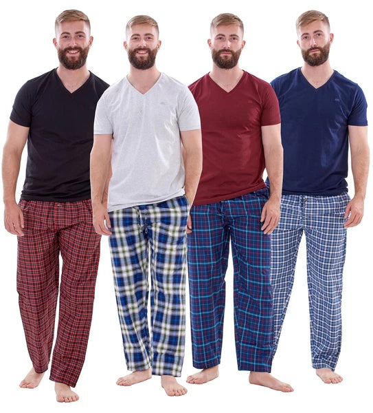 Mens Nightwear Pyjama Set Woven Cotton Check Jersey Top Loungewear Lightweight