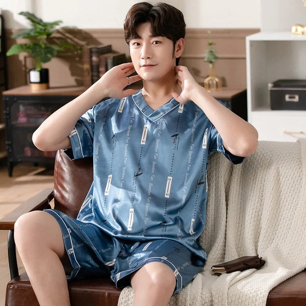 Short Sleeve Sleepwear Pjs Loungewear Pyjamas Charm Men's Silk Satin Pajamas Set