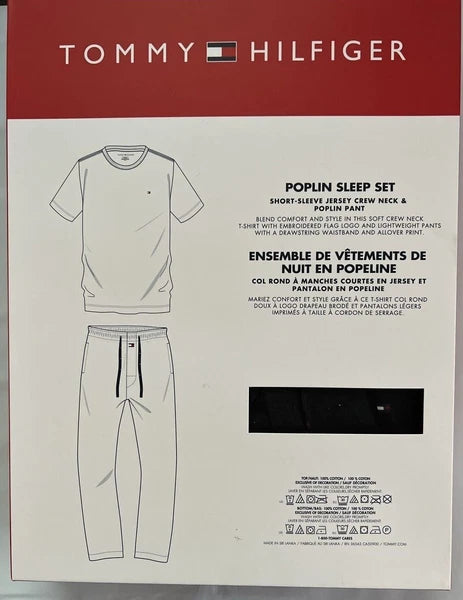 TOMMY HILFIGER POLPLIN COTTON SLEEPWEAR LOUNGE RED NAVY SET PAJAMA LARGE $65