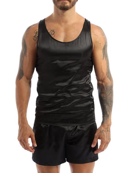 Men's Satin Pajamas Set Soft Silky Loungewear Nightwear Shirts Top with Shorts