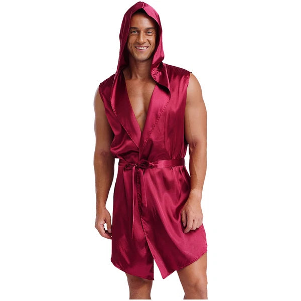 Men's Satiny Pajama Robe Set Sleeveless Silk Hooded Bathrobe with Belt Sleepwear