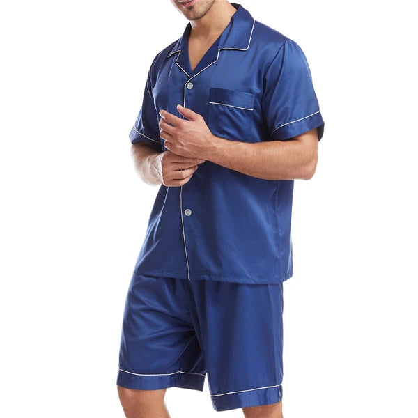 Men Satin Pajamas Set Shorts + Shirt Sleepwear Lounge Nightwear Buttons Outfit