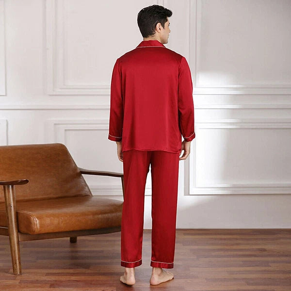 Mens Silk Satin Pajamas Set pyjamas for men Loose Sleepwear PJ Set Autumn Gift