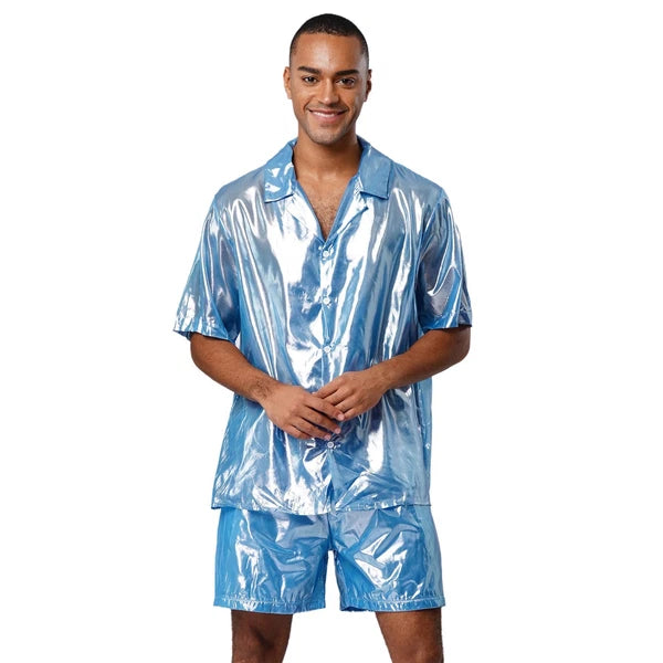 Men Shiny Glossy See-Through Metallic Chiffon Jumpsuit Bodysuit /Pajama Set