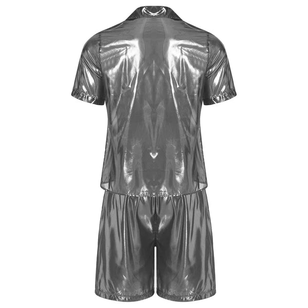 Men Shiny Glossy See-Through Metallic Chiffon Jumpsuit Bodysuit /Pajama Set