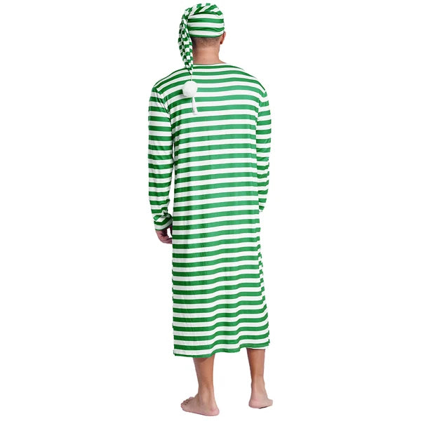 Men's Pajamas Set Long Sleeve Striped Robe Round Neck Loose Sleepwear with Hat