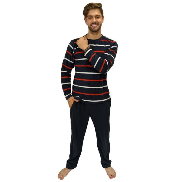 Mens Fleece Warm Soft Pyjamas Striped PJ Set Nightwear Nightsuit Pyjama S-4XL