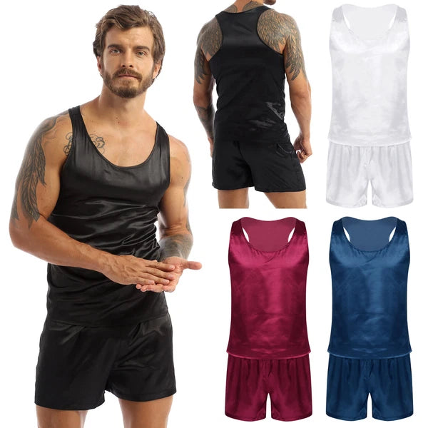 Men's Silk Satin Pajamas Set Vest Top and Boxer Shorts Sleepwear Home Loungewear