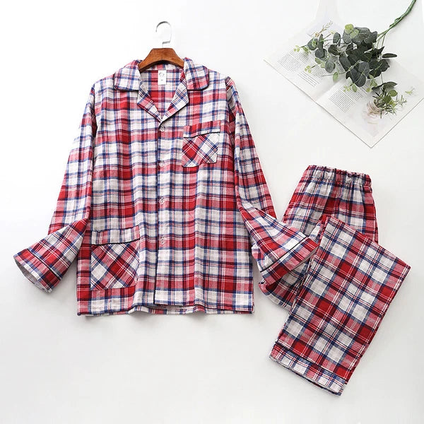 Men Cotton Pajamas Set Long Sleeve Button Soft Pants Sleepwear High Quality