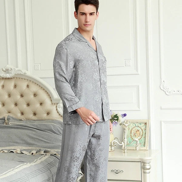 Men's 19MM 100% Pure Mulberry Silk Pajamas Set Long Sleeves Silk Sleepwear S~XXL