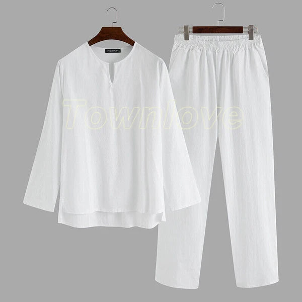Mens Long Sleeve Cotton Linen Casual Loose Pajamas Suits Night Loungewear Set