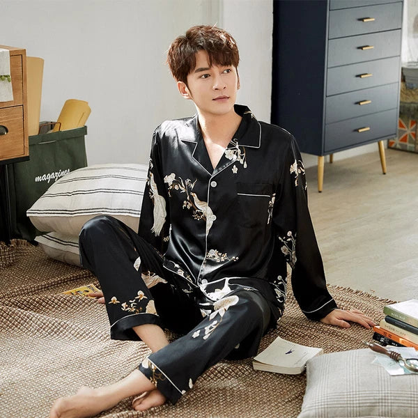 Men's Long Sleeve Satin Pajamas Set Luxury Button Down Pajama Pants Home Clothe