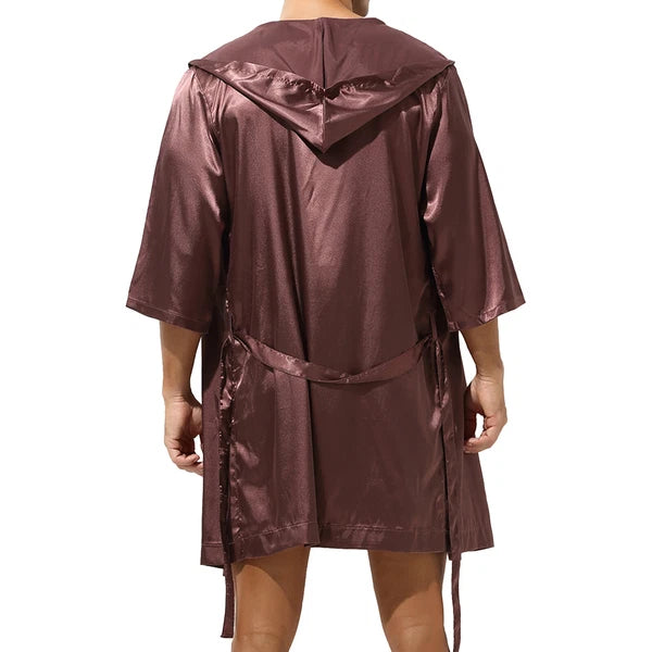 Men's Hooded Robe Set Silk Satin Night Gown Bathrobe Pajama Hot Pants Underwear