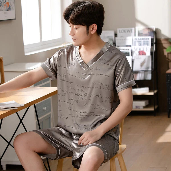 Short Sleeve Sleepwear Pjs Loungewear Pyjamas Charm Men's Silk Satin Pajamas Set