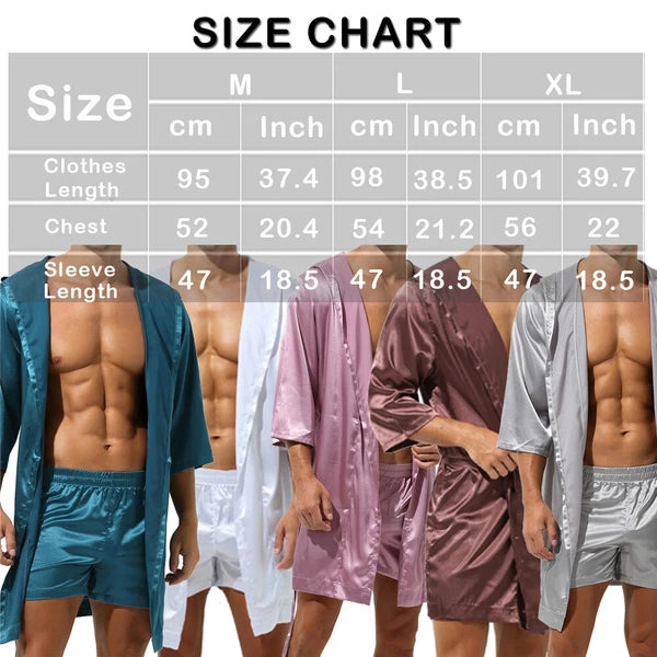 Mens Pajamas Set Night Sleep Robes Silk Satin Nightgown Bathrobe Shorts Homewear