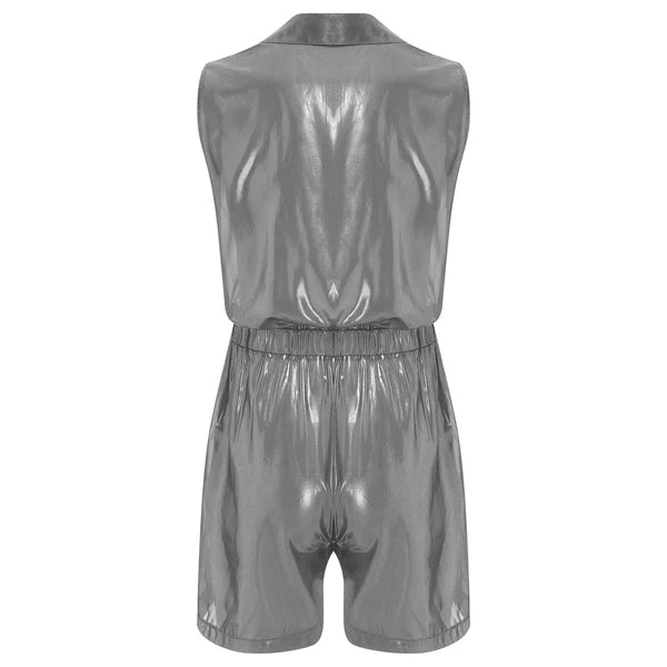 Men Shiny Glossy See-Through Metallic Chiffon Jumpsuit Bodysuit /Pajama Set
