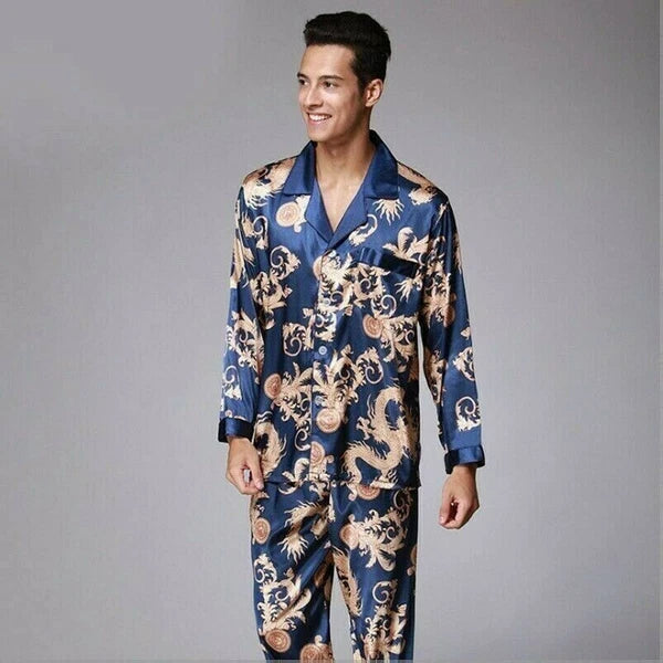 Men Satin Faux Silk Pyjama Set Sleeping Nightwear Asian Dragon Night Gown Outfit