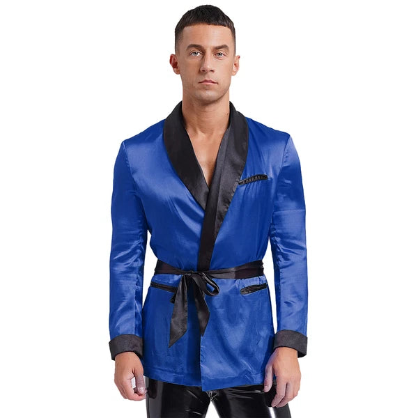 Men's Silk Satin Pajamas Set Short Sleeves Top and Bottom Boxer Shorts Shirt Set