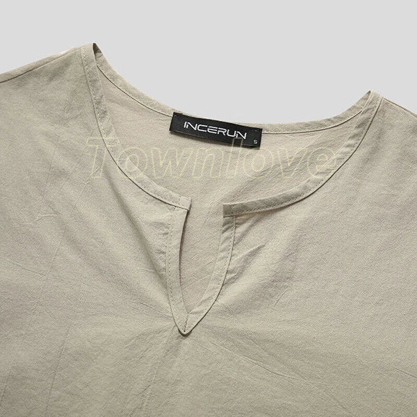 Mens Long Sleeve Cotton Linen Casual Loose Pajamas Suits Night Loungewear Set