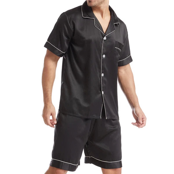 Men Satin Pajamas Set Shorts + Shirt Sleepwear Lounge Nightwear Buttons Outfit