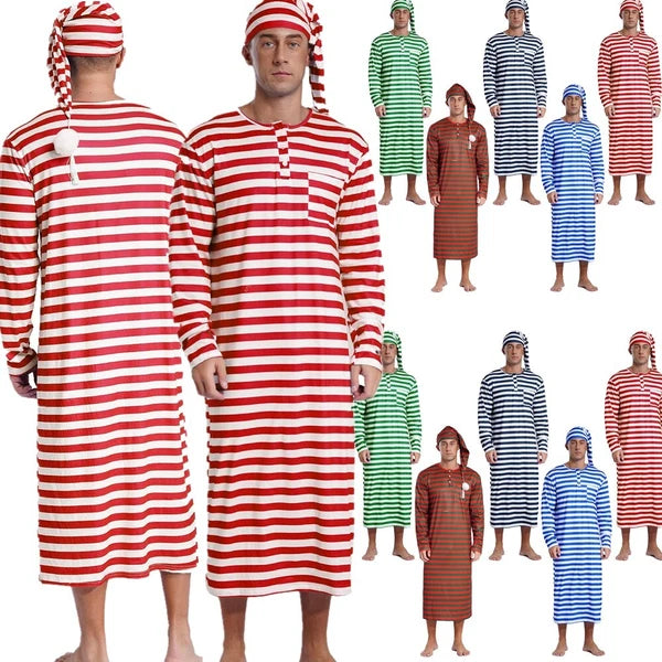 Men's Pajamas Set Long Sleeve Striped Robe Round Neck Loose Sleepwear with Hat
