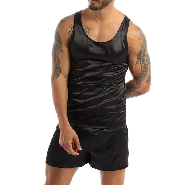 Mens Muscle Shirts Pajama Set Sexy Satin Sleepwear Tank Top Shorts Nightwear