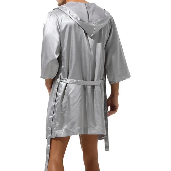 Men's Hooded Robe Set Silk Satin Night Gown Bathrobe Pajama Hot Pants Underwear