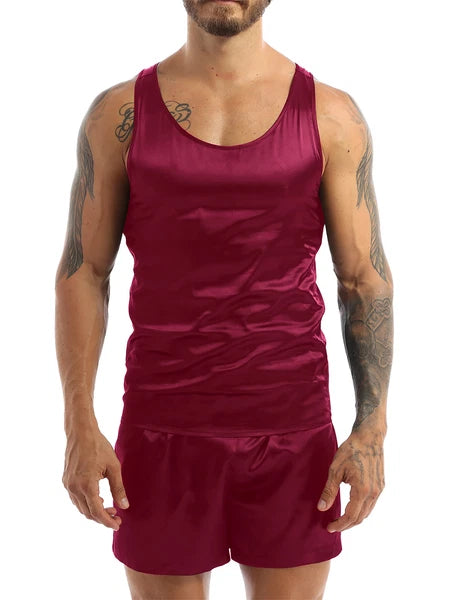 Men's Satin Pajamas Set Soft Silky Loungewear Nightwear Shirts Top with Shorts
