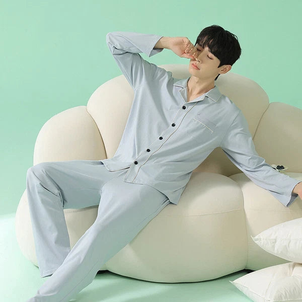 Men's Homewear Pajama Set Pure Color Soft Comfort Antibacterial Long Sleeve
