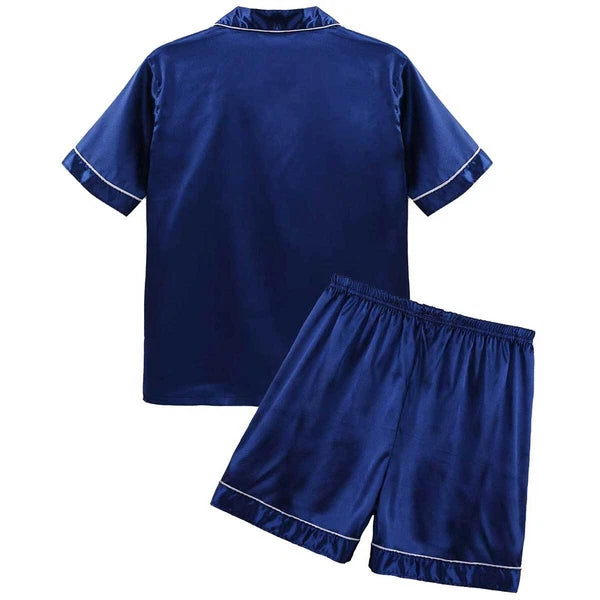 Men's Silky Satin Pajamas Set Short Sleeves Button T-Shirt Tops with Shorts