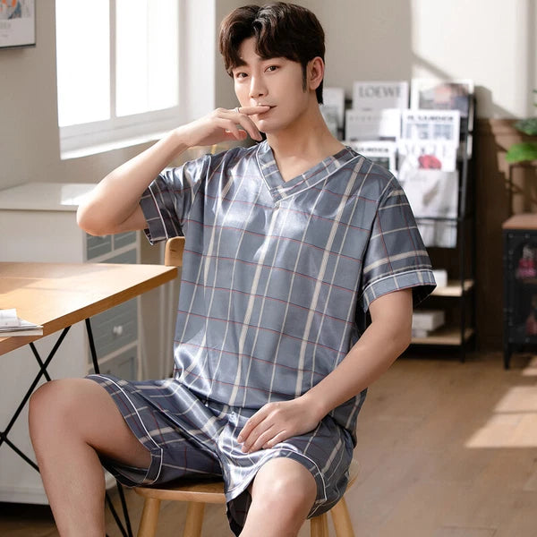 Short Sleeve Sleepwear Pjs Loungewear Pyjamas Charm Men's Silk Satin Pajamas Set