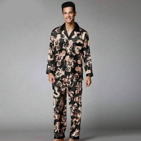 Men Satin Faux Silk Pyjama Set Sleeping Nightwear Asian Dragon Night Gown Outfit