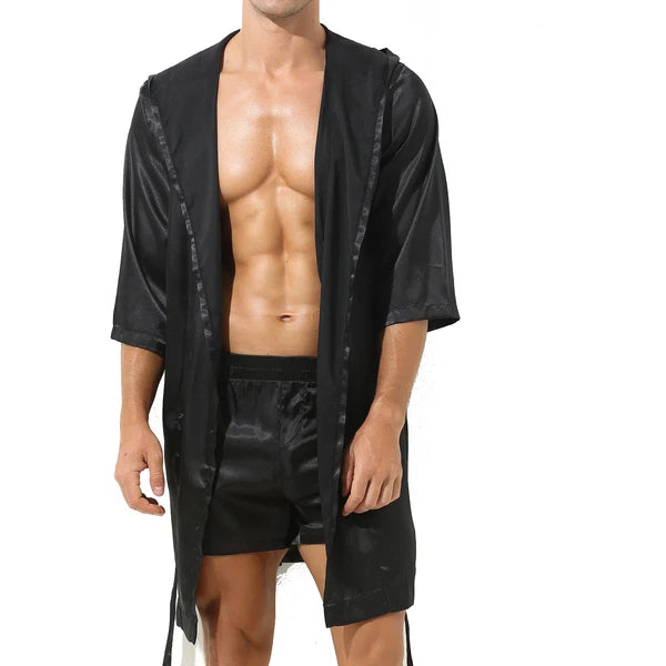Men's Hooded Robe Set Silk Satin Night Gown Bathrobe Pajama Hot Pants Underwear