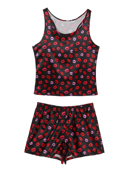 Men's Silk Satin Pajamas Set Vest Top and Boxer Shorts Sleepwear Home Loungewear