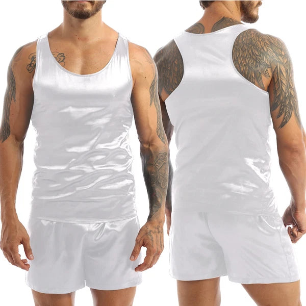 Men's Satin Pajamas Set Soft Silky Loungewear Nightwear Shirts Top with Shorts