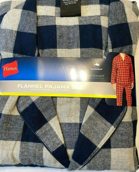 NWT Men's Hanes Flannel RED / BLACK Gray Plaid L/S Pant Set Pajamas PJs Cotton