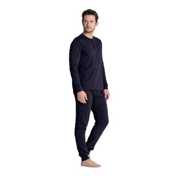 Mens Henley Tops Pyjamas Sets PJ's Nightwear Loungewear Button Up Long Sleeve