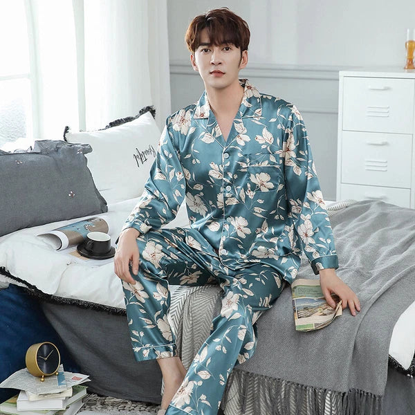 Men's Long Sleeve Satin Pajamas Set Luxury Button Down Pajama Pants Home Clothe