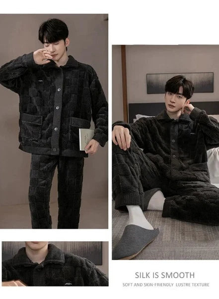 2Pcs/set Men's Pajamas Autumn Winter Padded Long-sleeved Trousers Coral Fleece