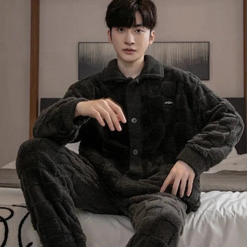2Pcs/set Men's Pajamas Autumn Winter Padded Long-sleeved Trousers Coral Fleece