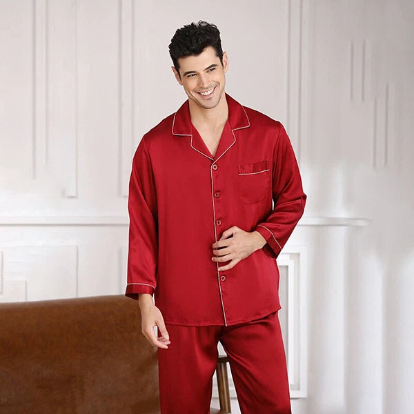 Mens Silk Satin Pajamas Set Sleepwear Pyjamas Long Sleeve PJ Set Top and Bottom